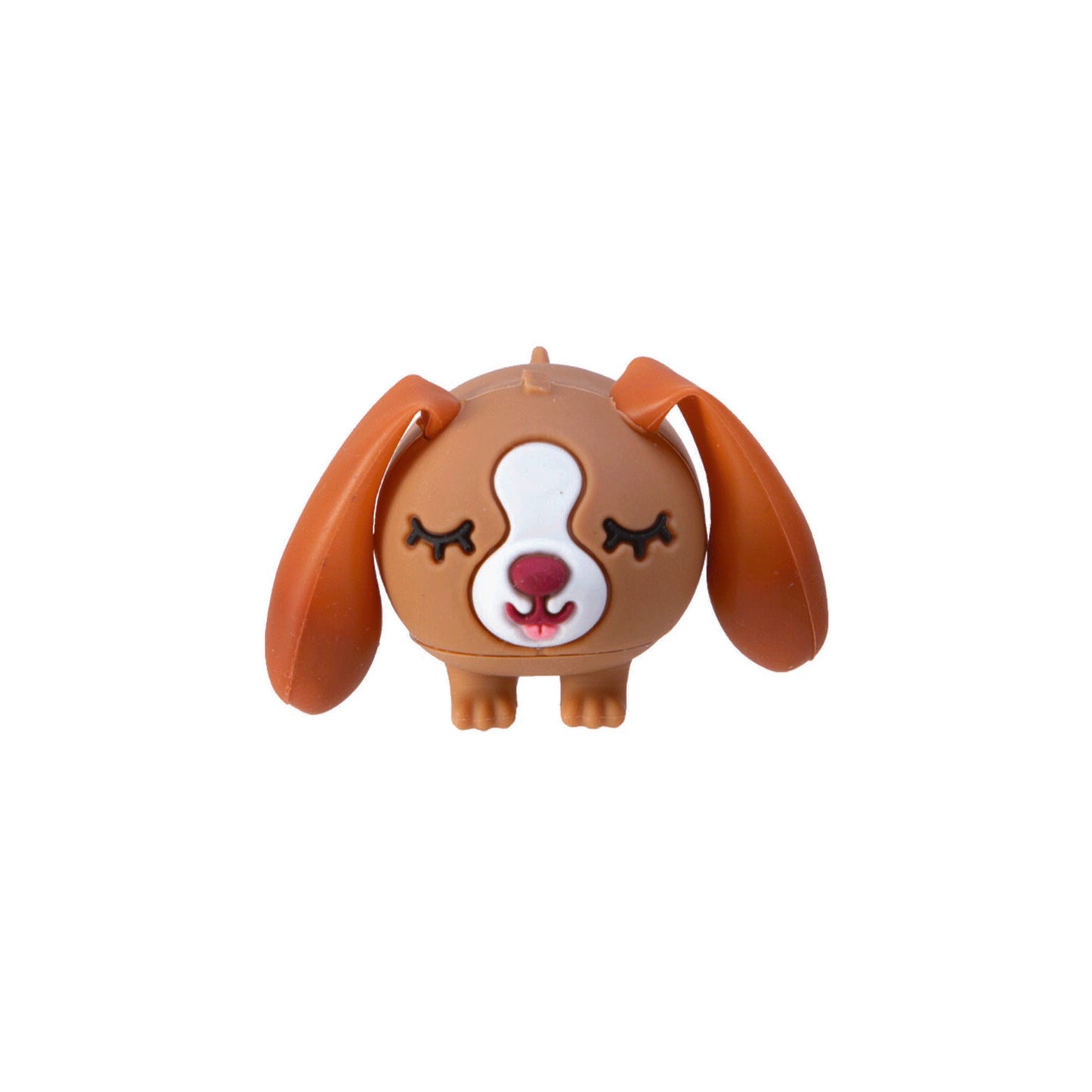 Brown rubber dog toy figurine with floppy ears and closed eyes