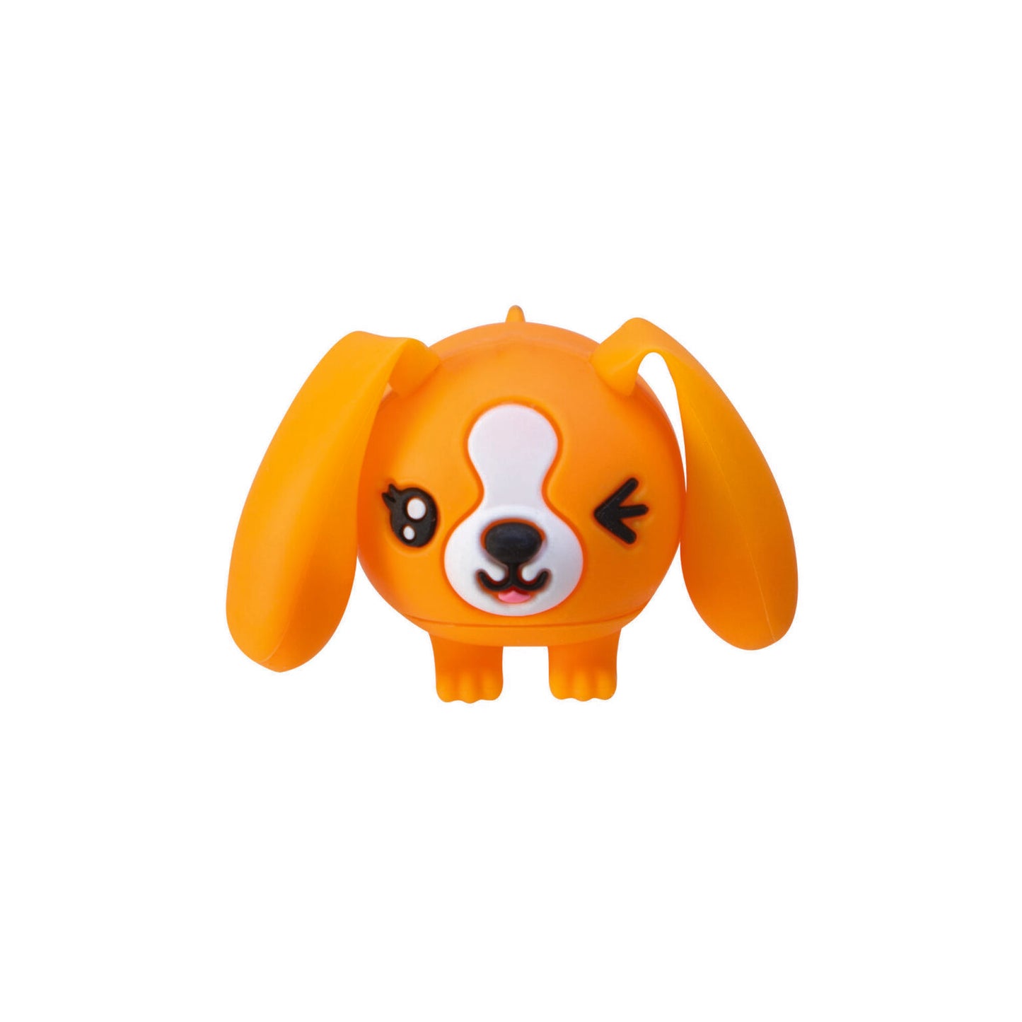 Orange cartoon dog rubber toy figure with floppy ears and winking face