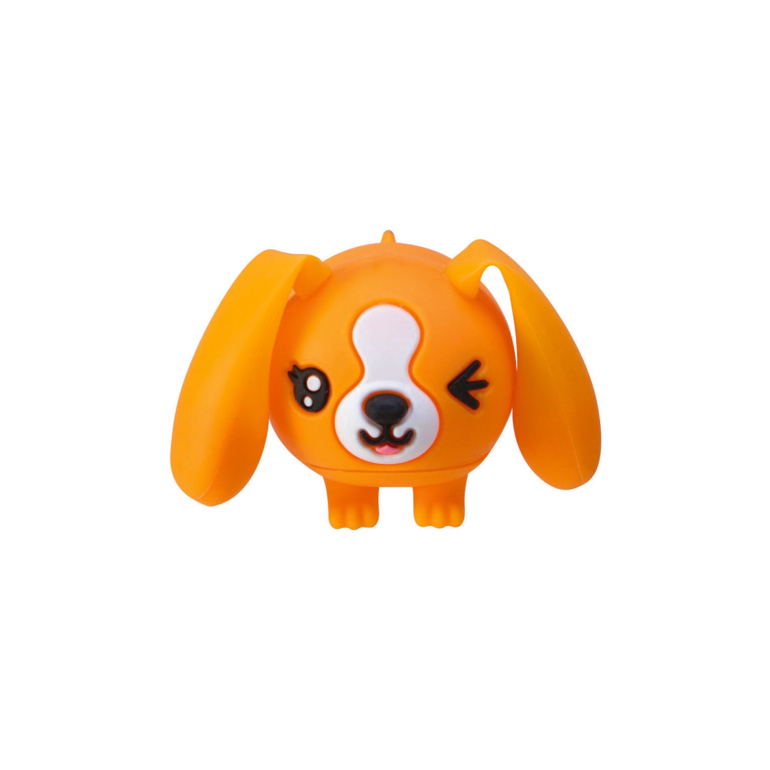 Orange cartoon dog rubber toy figure with floppy ears and winking face