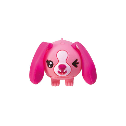 Pink plastic puppy toy figure with floppy ears and winking face