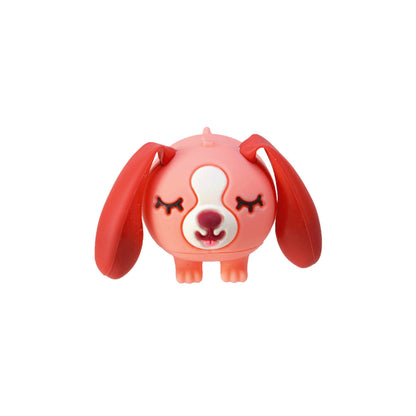 Pink and red cartoon dog rubber toy figure with floppy ears and closed eyes