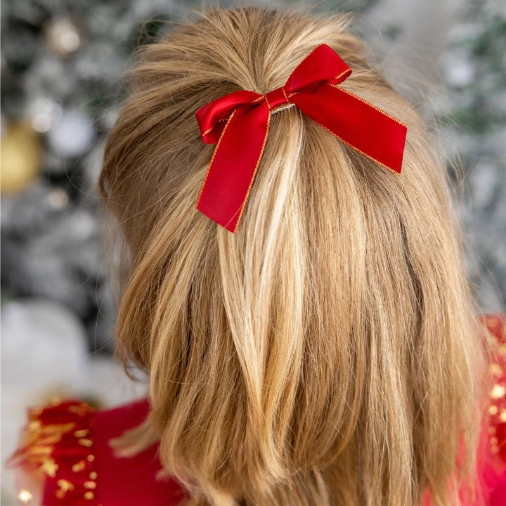 red satin baby bow clip