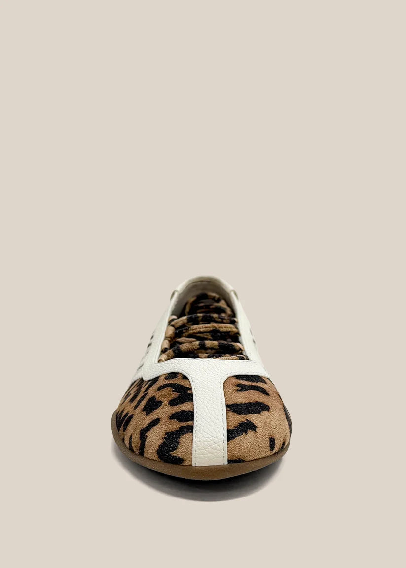Leopard print ballet sneaker flat with white leather lace-up detail, front view