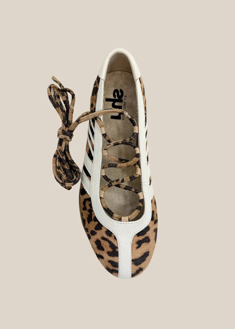 Leopard print lace-up ballet sneaker flat with white leather trim, top view
