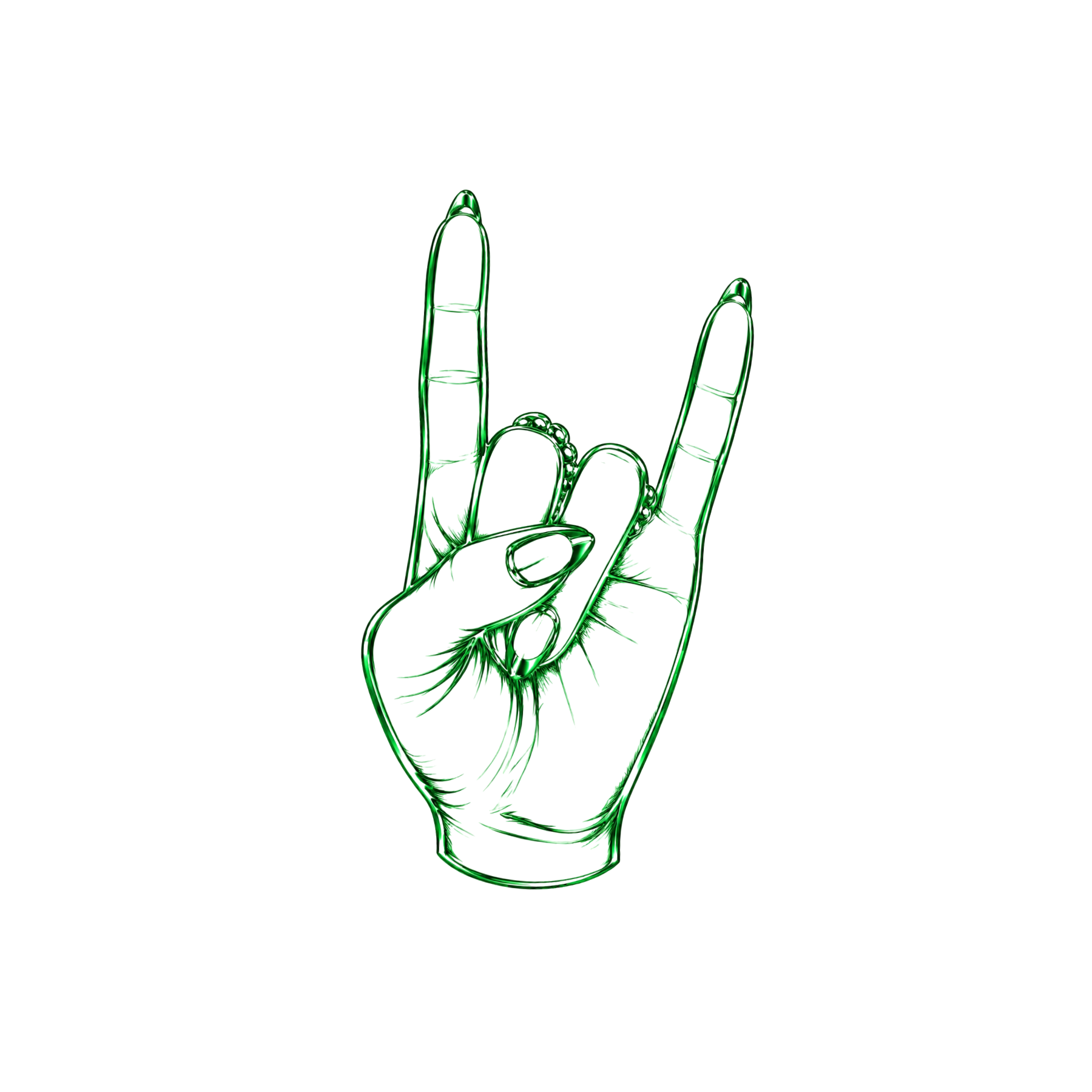 Green line art illustration of a hand making the rock on gesture