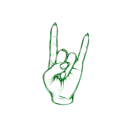 Green line art illustration of a hand making the rock on gesture