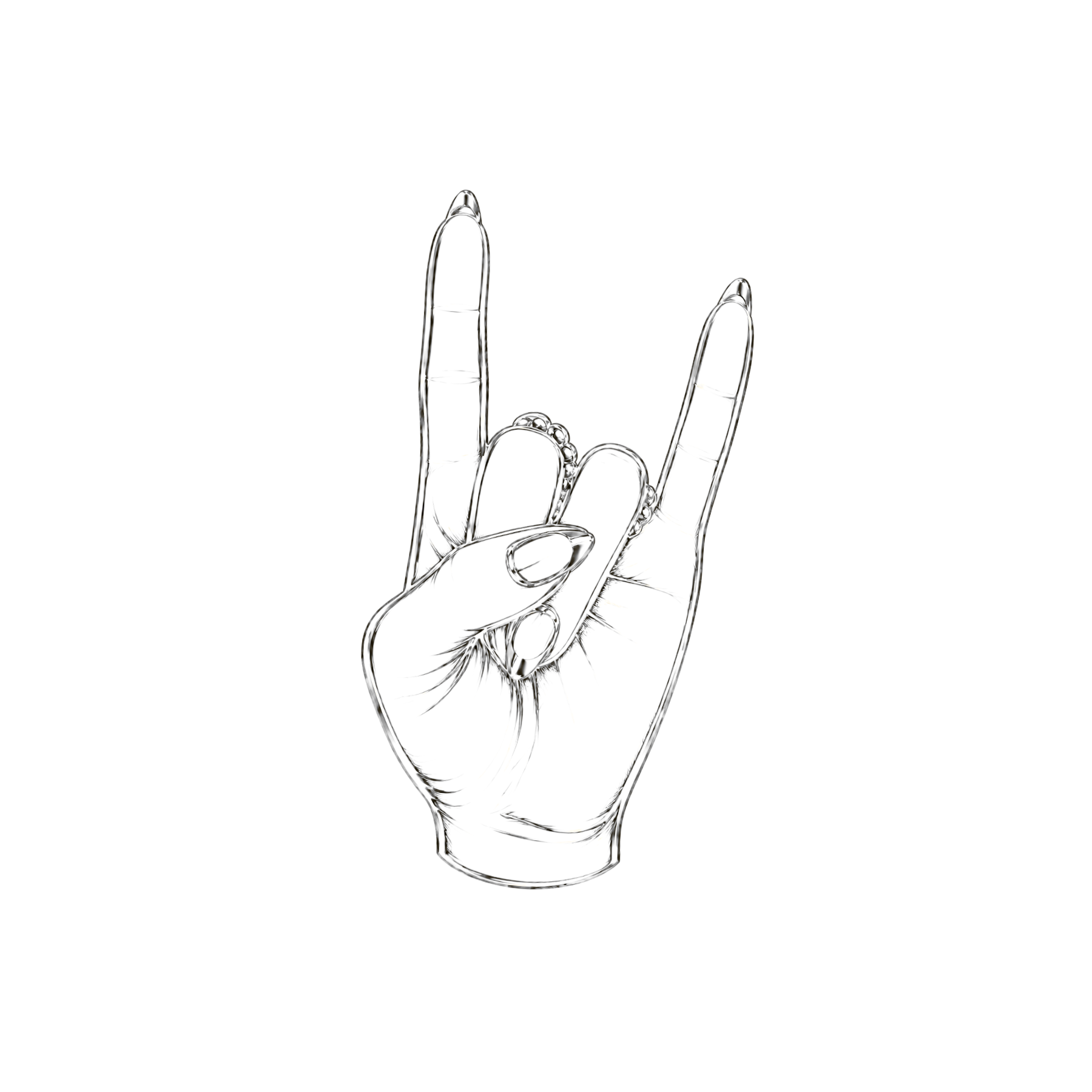 Black and white line art illustration of a hand making the rock on gesture