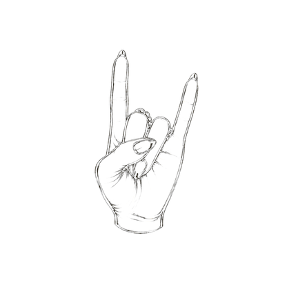 Black and white line art illustration of a hand making the rock on gesture