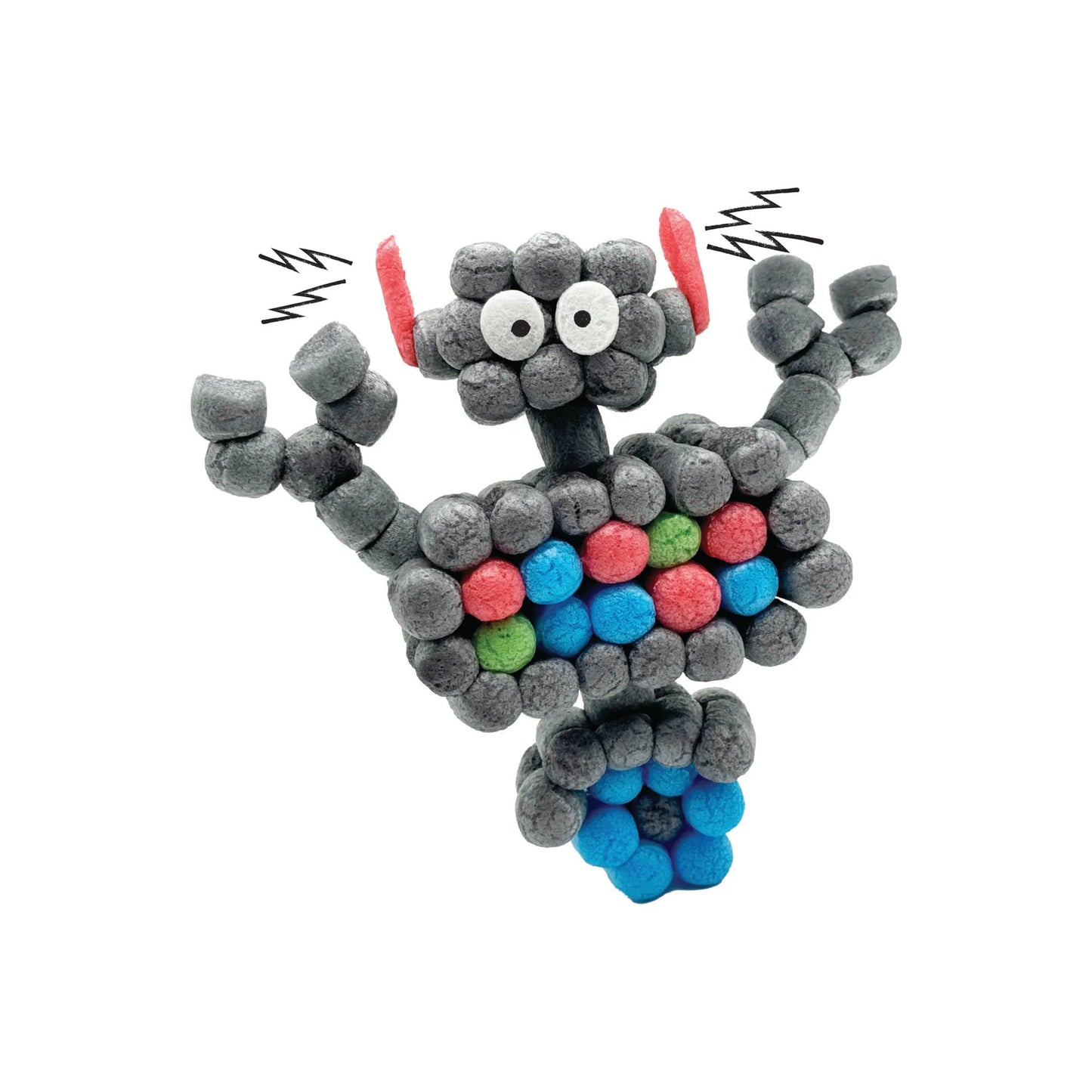 Gray clay bead robot figure with colorful chest, raised arms, and lightning bolts