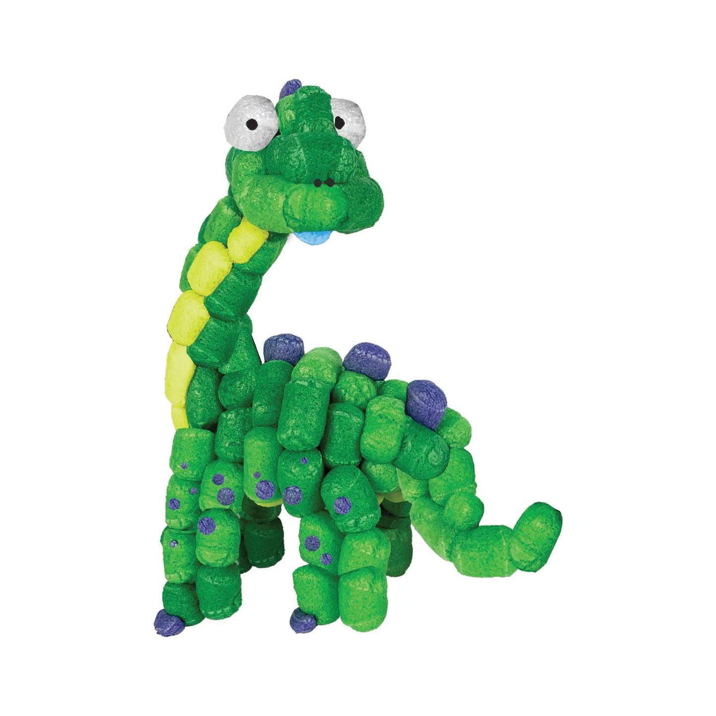 Green dinosaur sculpture built from colorful foam noodle pieces with purple spots