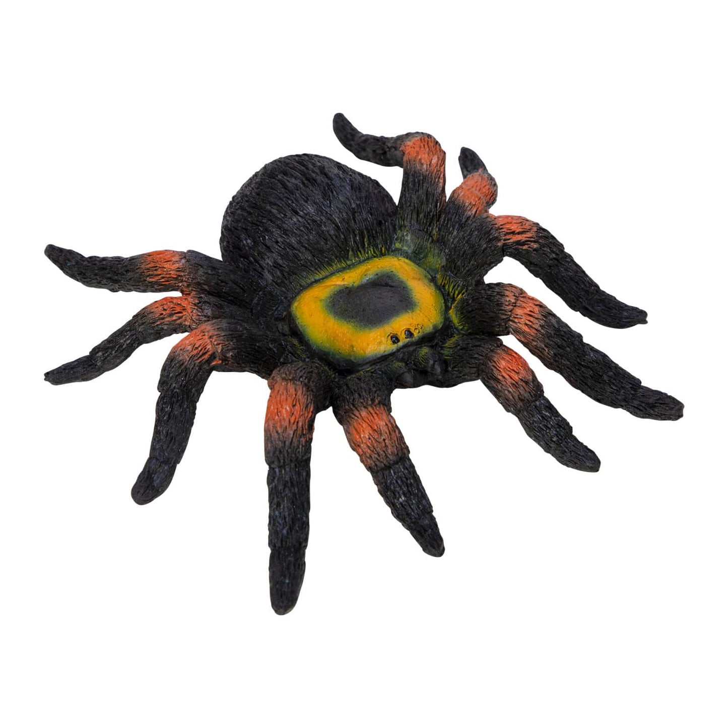 Realistic tarantula hand puppet with black body, orange legs, and yellow-green abdomen