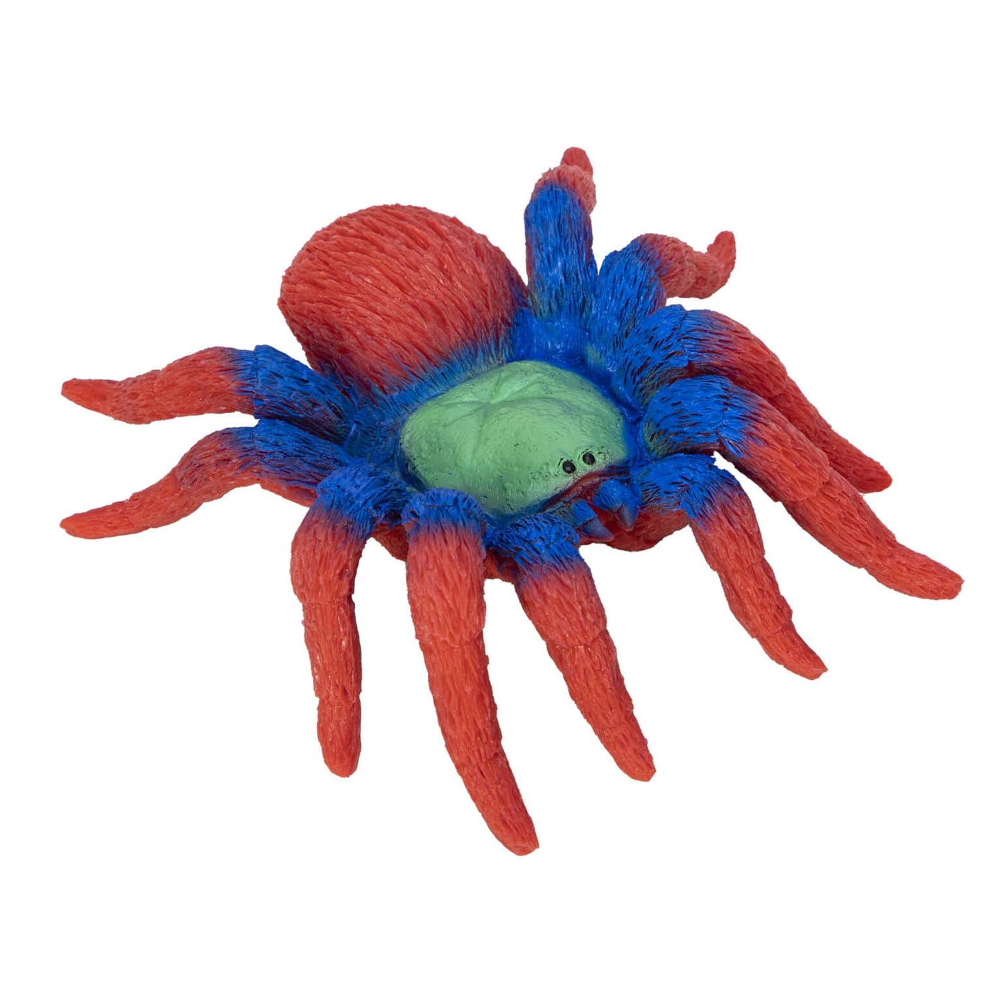Colorful tarantula hand puppet with red legs, blue joints, and green body