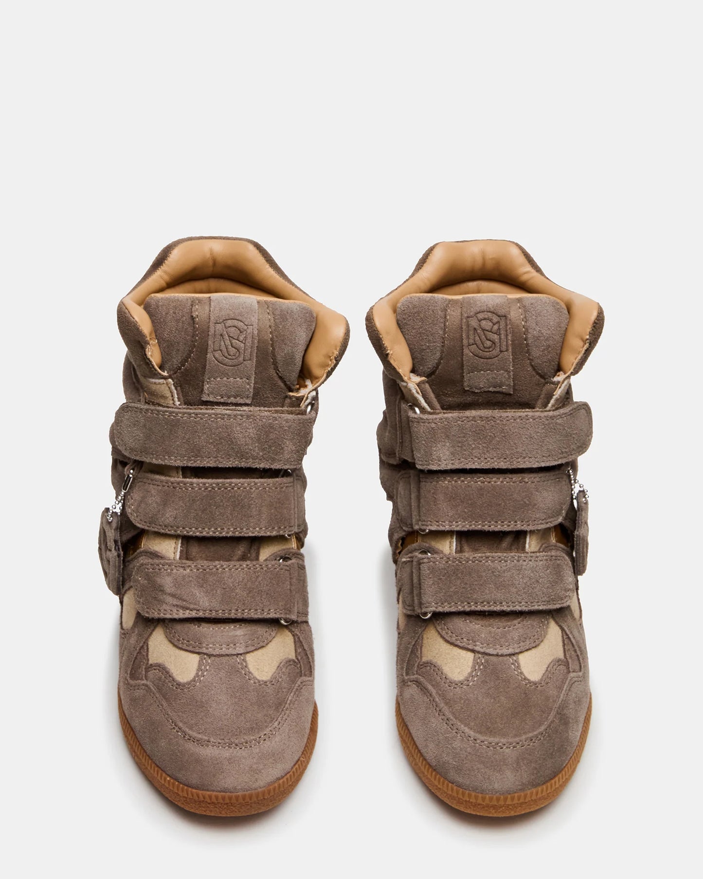 STEVE MADDEN MAVIS HIGH-TOP VELCRO WEDGE SNEAKER X TAUPE SUEDE