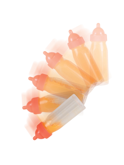 Five pink baby bottles with orange liquid shown in motion sequence