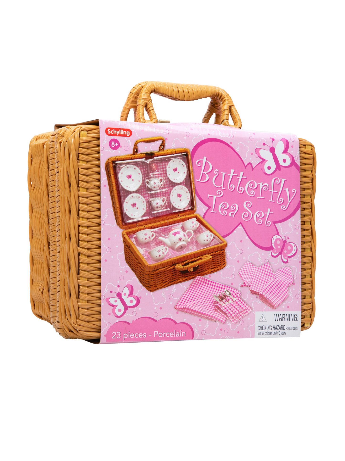Wicker basket tea set with pink butterfly porcelain pieces, 23-piece set