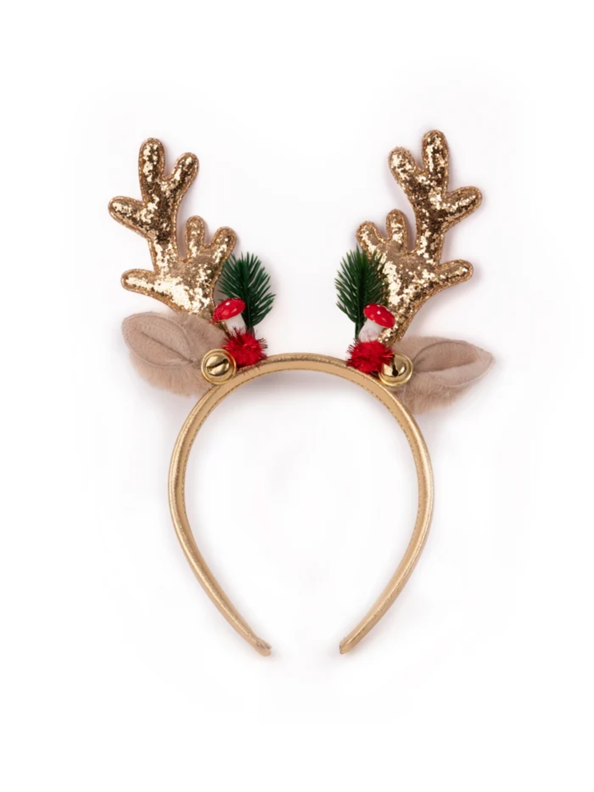 Gold glitter reindeer antler headband with ears, jingle bells, holly, and red berries