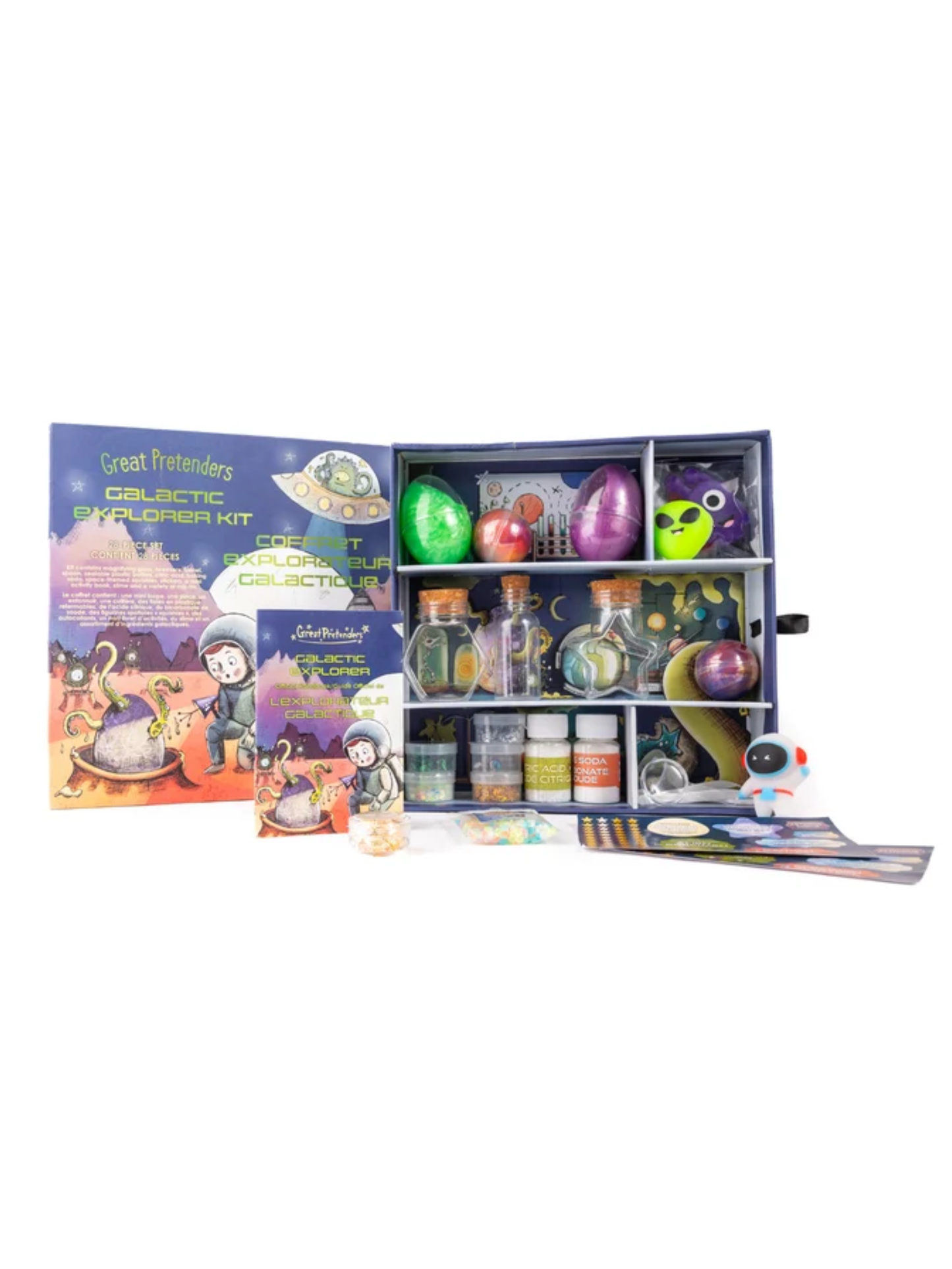 Galactic explorer kit open box with eggs, potion bottles, glitter jars, alien, and astronaut figurine