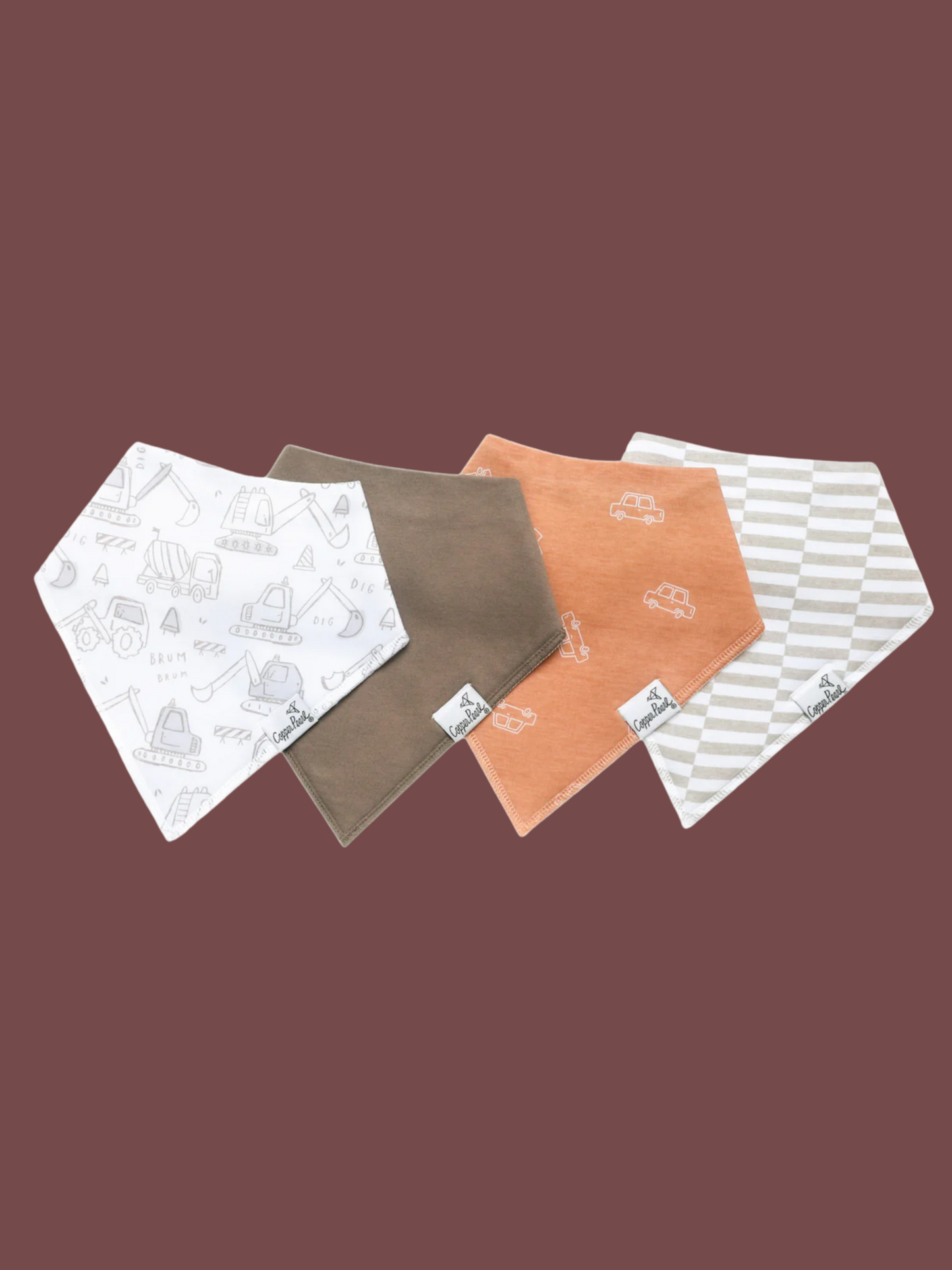 Copper Pearl Gage bandana bibs set of 4: construction print, taupe, orange cars, checkered