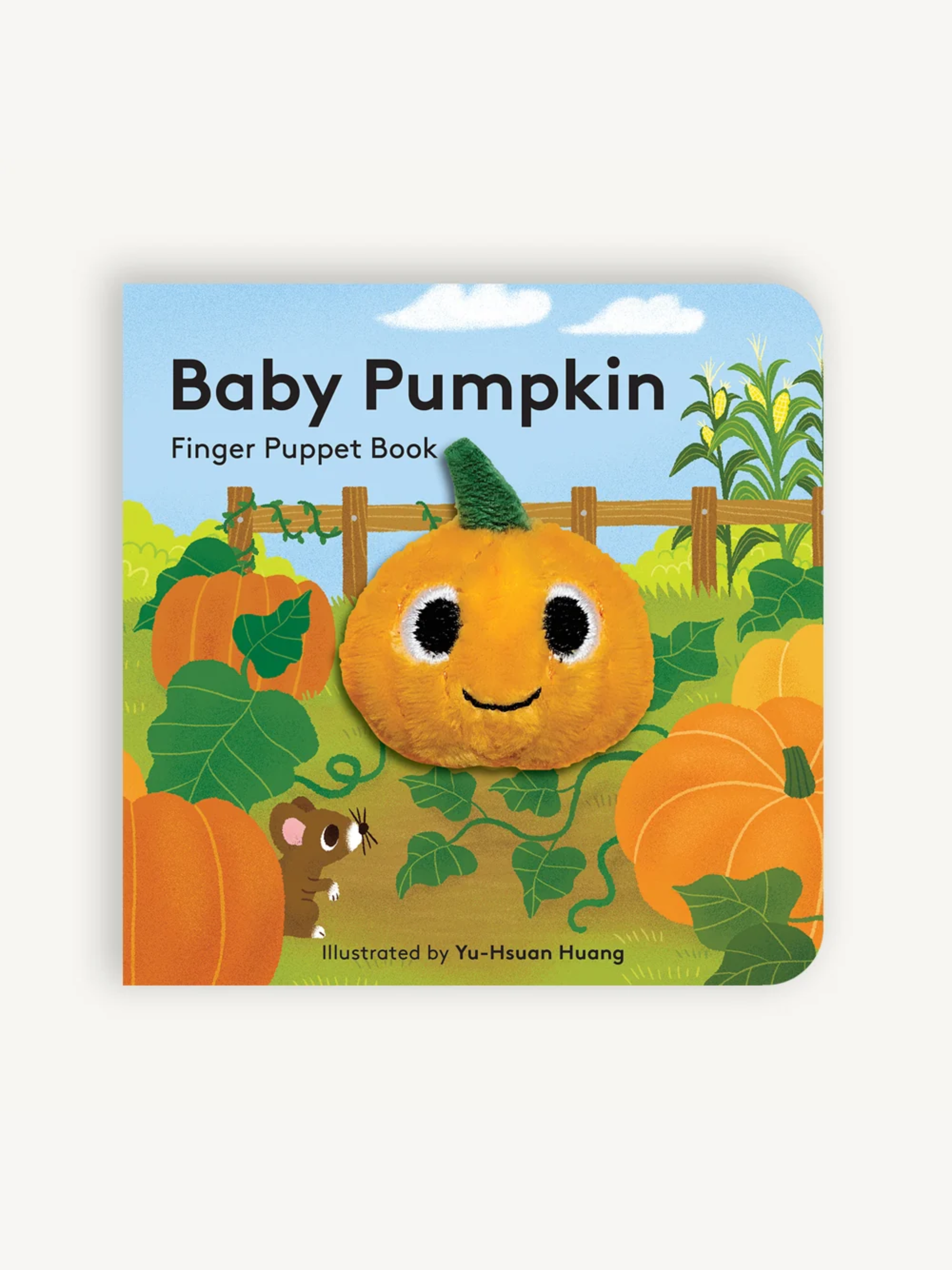 Baby Pumpkin finger puppet board book with plush pumpkin puppet on colorful cover
