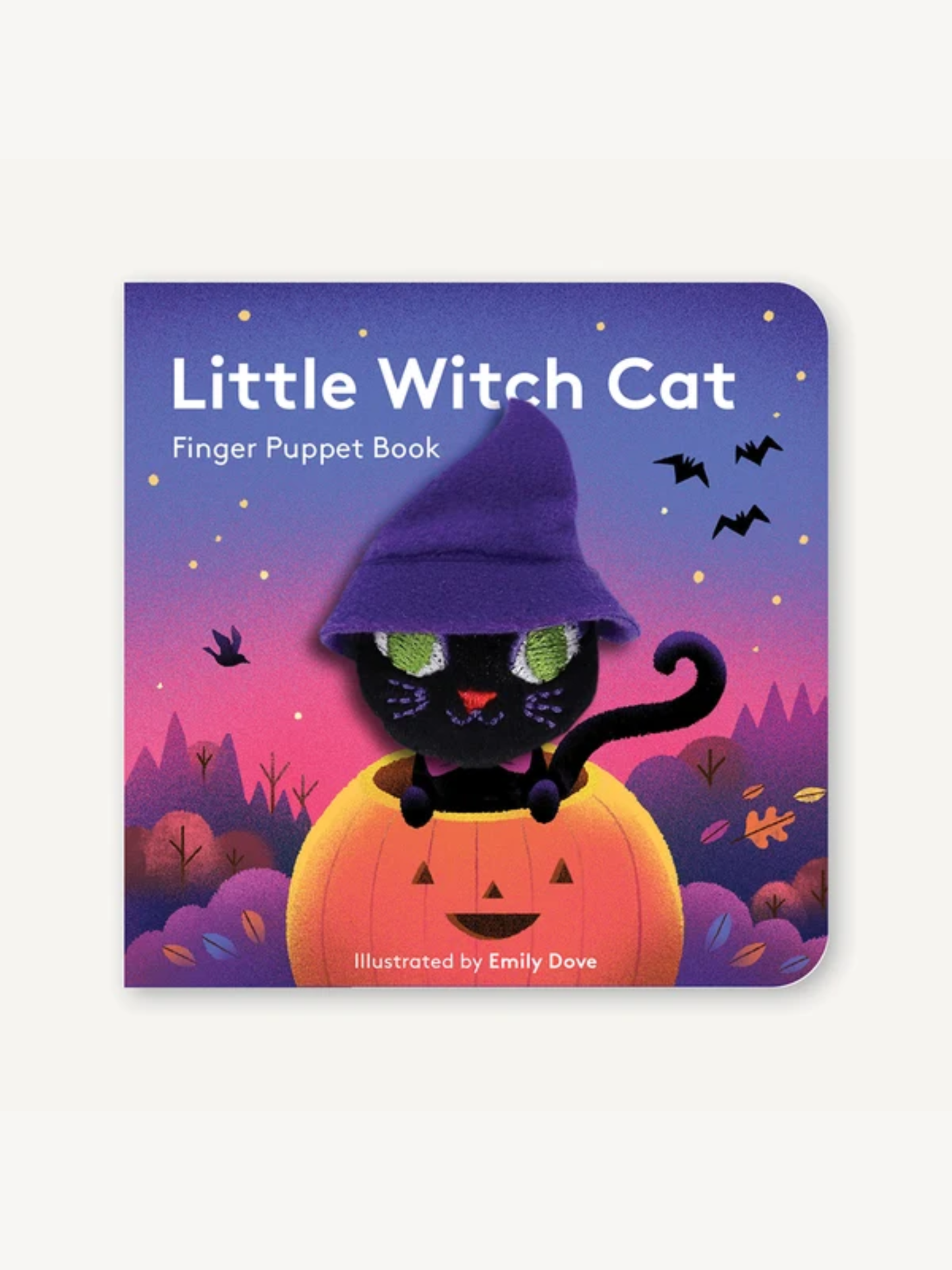 Halloween board book with black cat finger puppet wearing purple witch hat on pumpkin