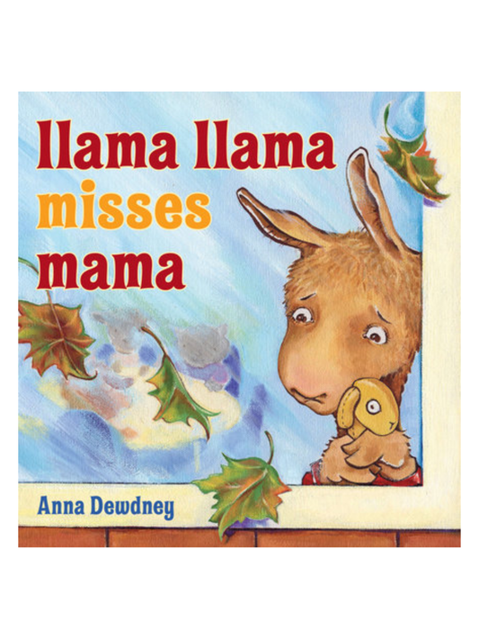 Children's board book cover featuring a sad llama holding a stuffed animal by a window