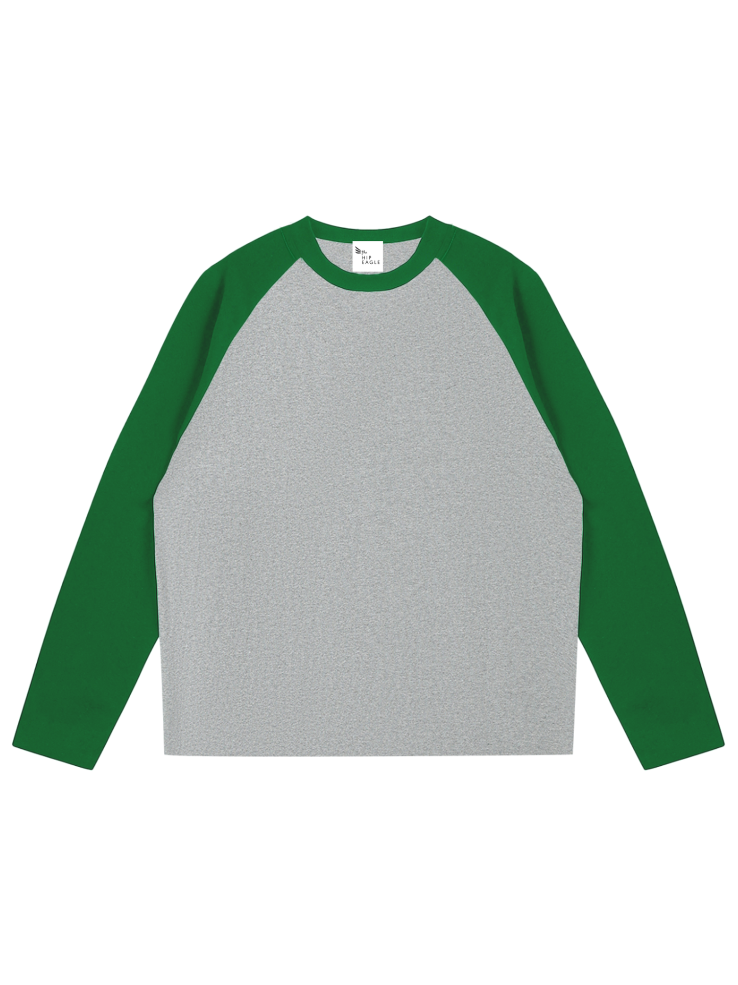 Unisex raglan long sleeve tee with gray body and green contrast sleeves
