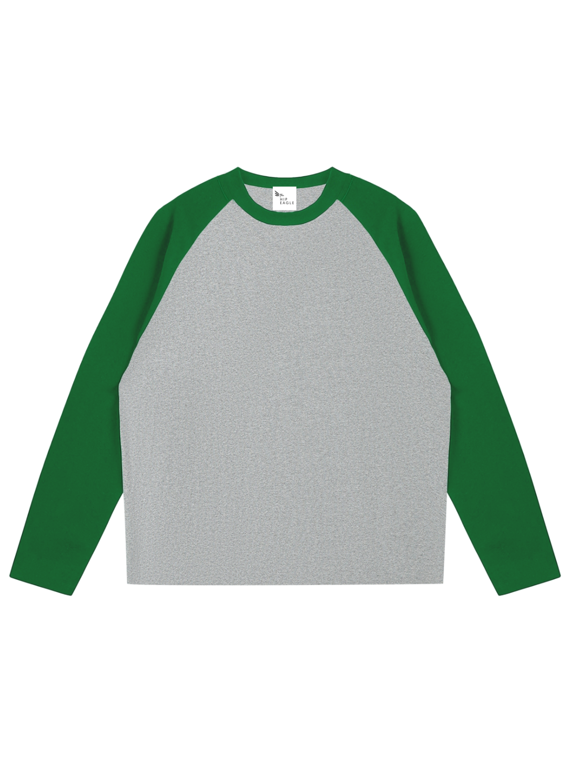 Unisex raglan long sleeve tee with gray body and green contrast sleeves
