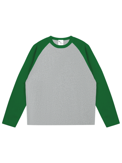 Unisex raglan long sleeve tee with gray body and green contrast sleeves