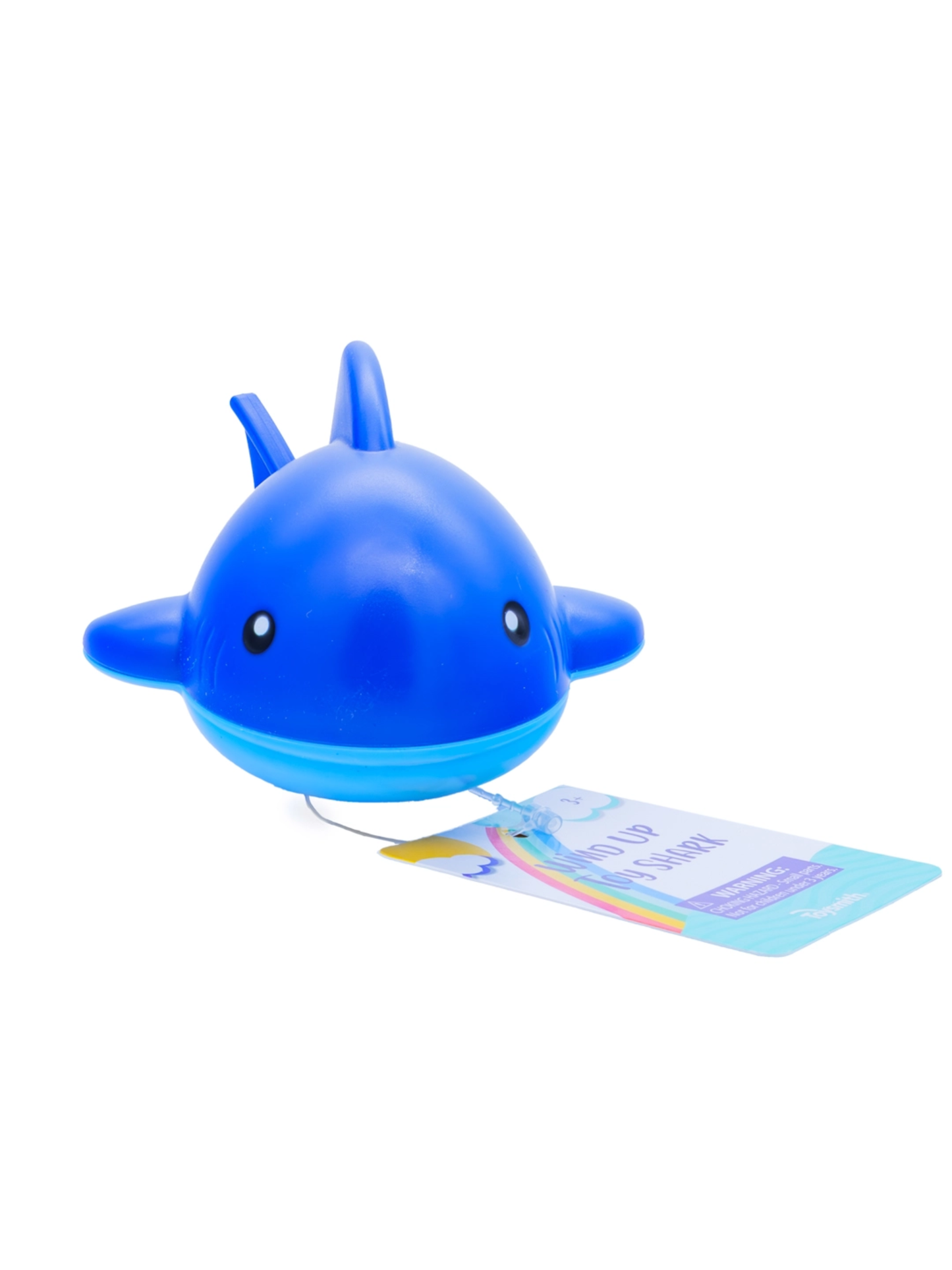Blue wind-up shark bath toy with fins, cute eyes, and product tag attached.