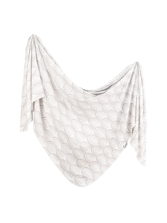 Copper Pearl Bliss swaddle blanket, white with neutral gray rainbow arch pattern