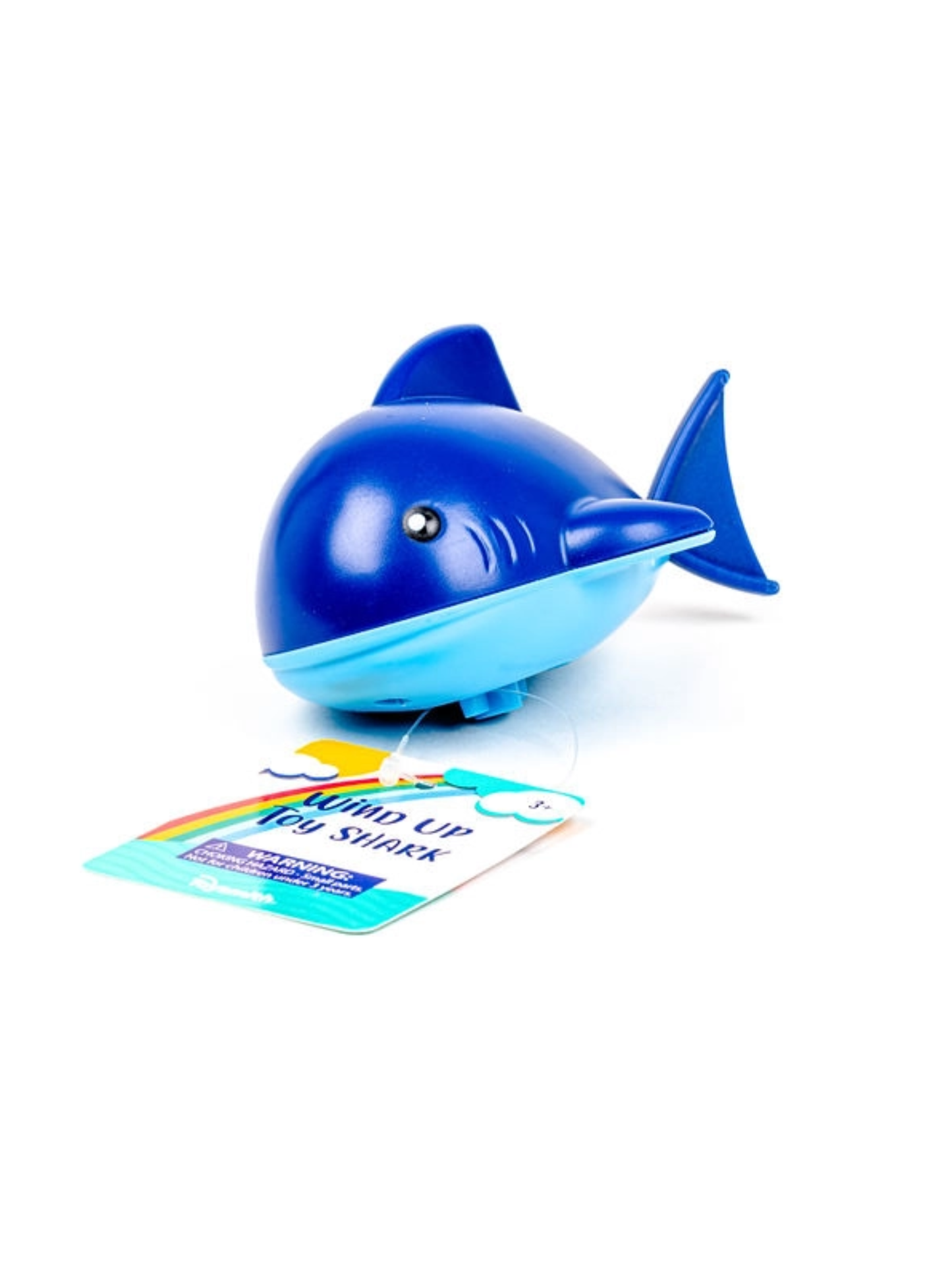 Blue wind-up toy shark with light blue belly and product tag attached