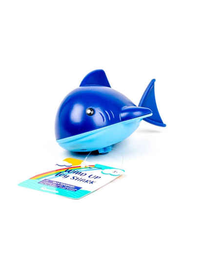 Blue wind-up toy shark with light blue belly and product tag attached