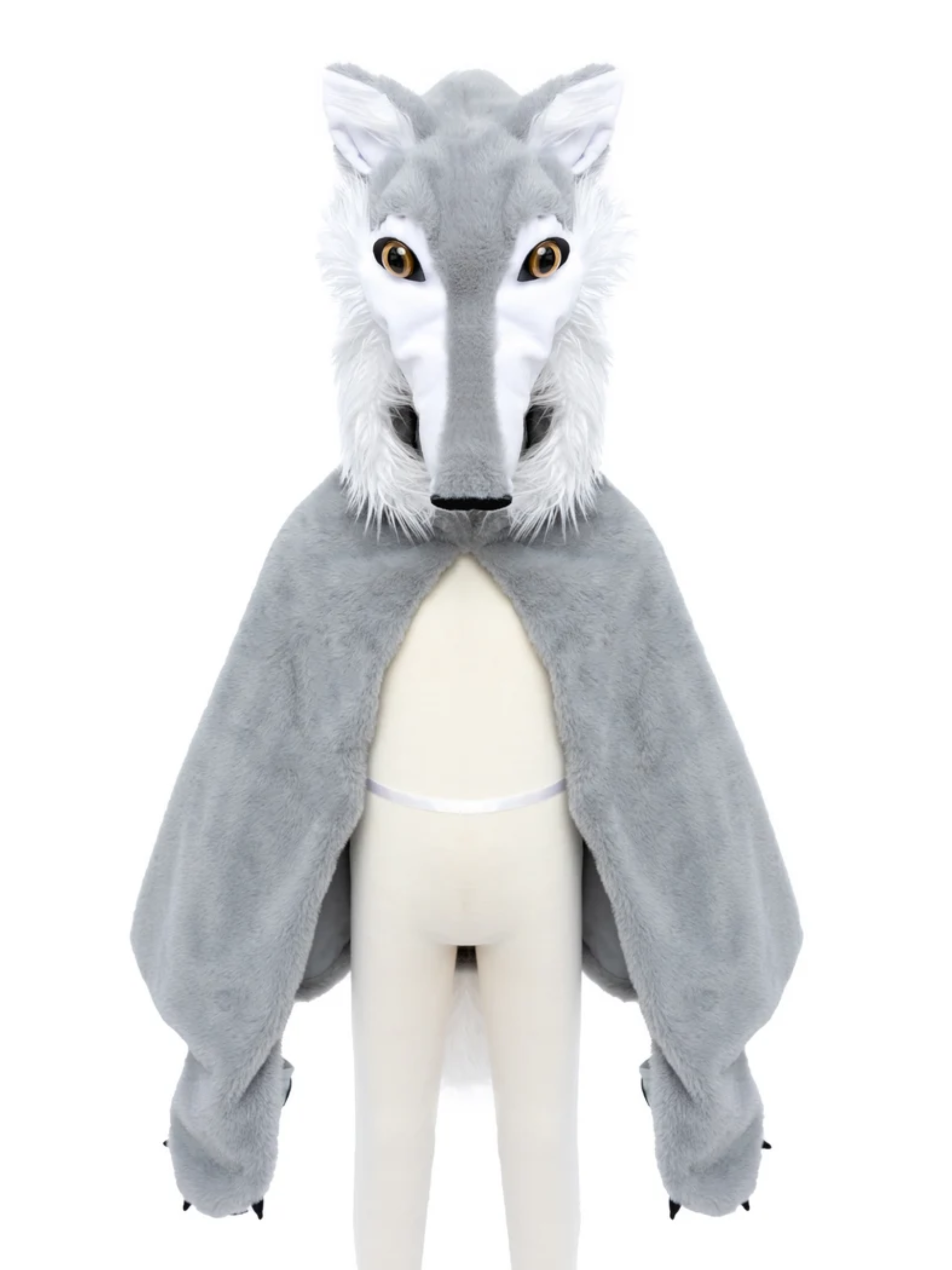 Gray plush wolf cape with matching wolf head mask and claw gloves on mannequin