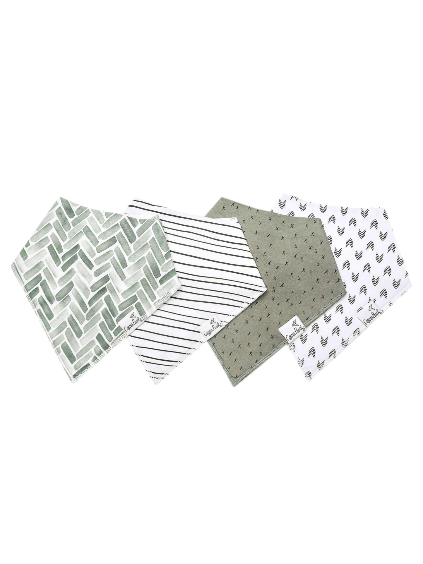 Copper Pearl Alta bandana bibs set of 4 in sage green and white patterns