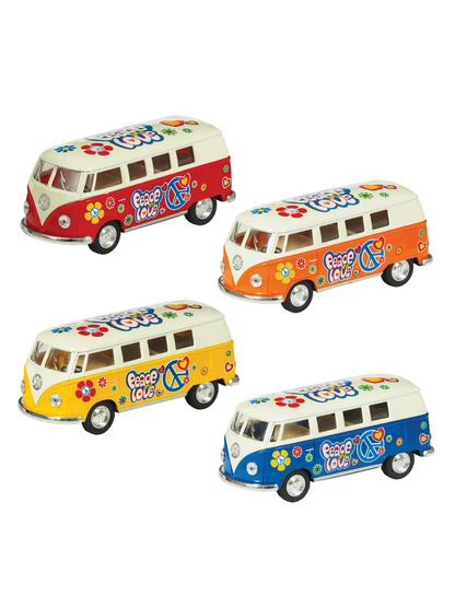 Four diecast toy buses in red, orange, yellow, and blue with peace love floral graphics