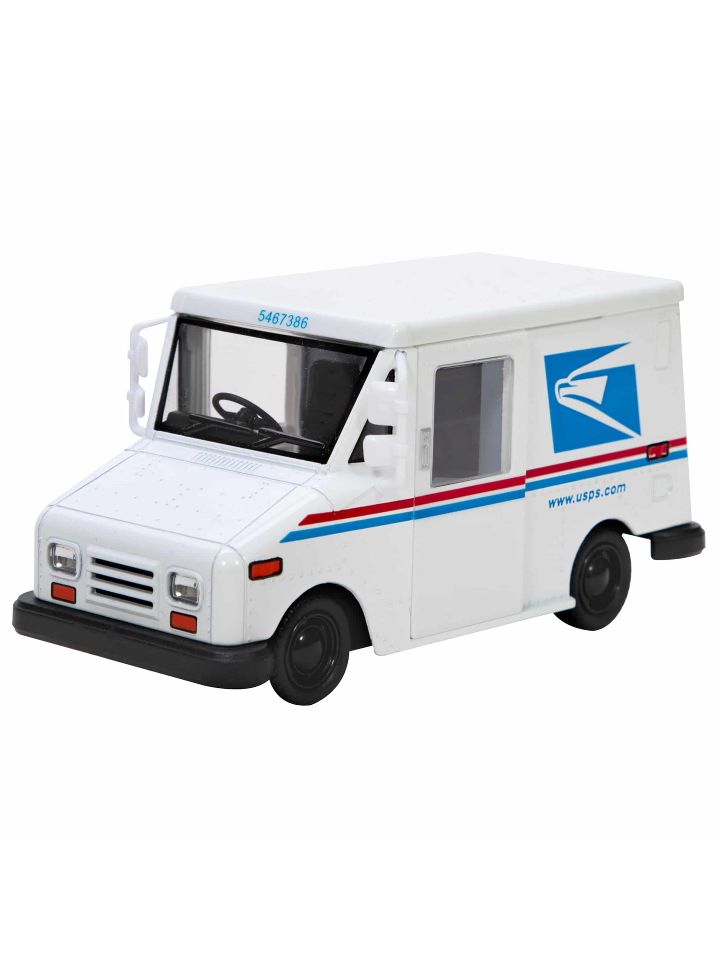 White diecast mail truck toy with red and blue stripes and postal logo