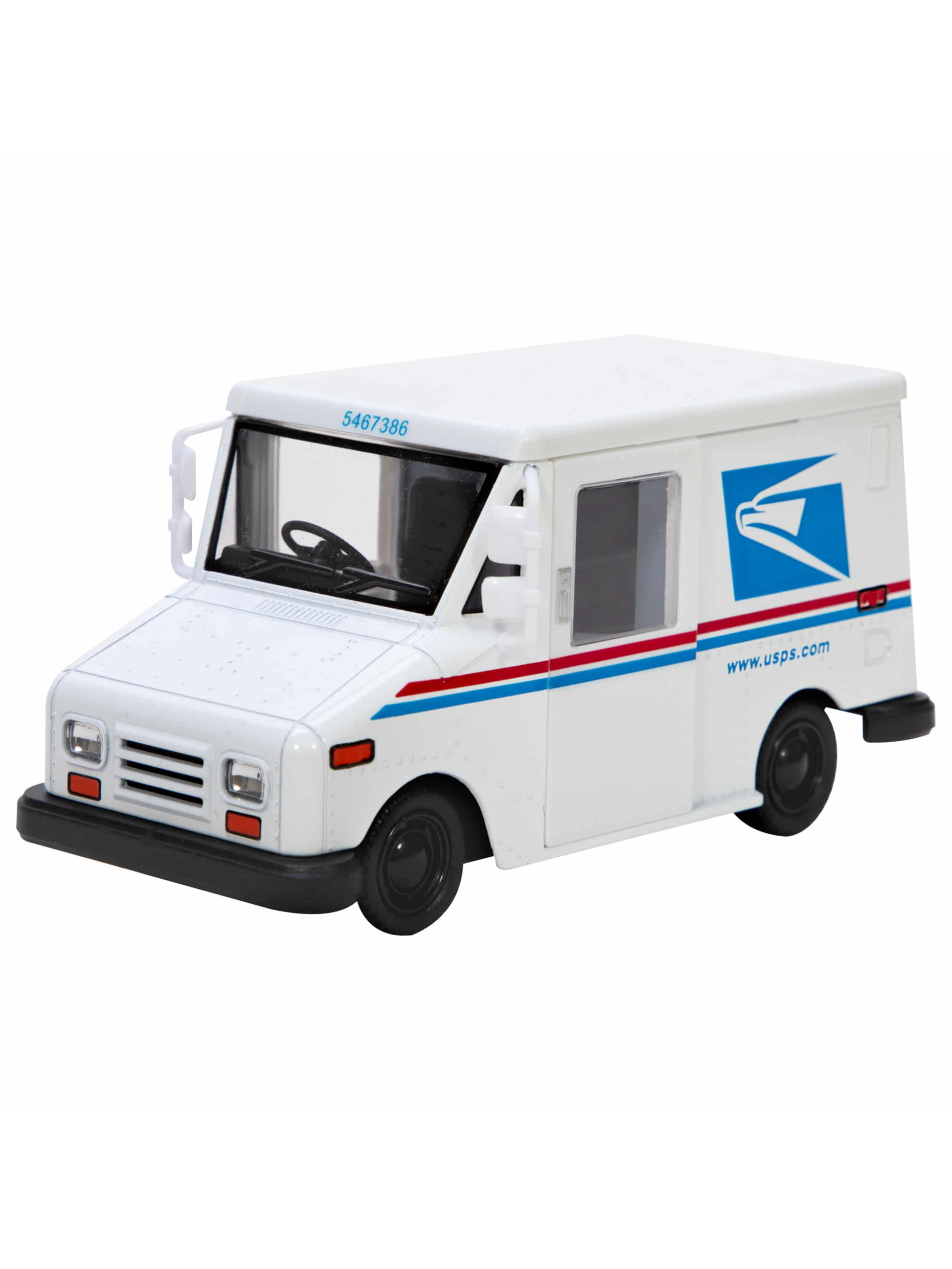 White diecast mail truck toy with red and blue stripes and postal logo