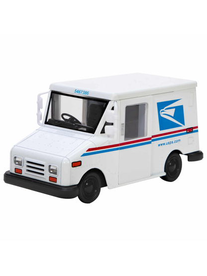 White diecast mail truck toy with red and blue stripes and postal logo