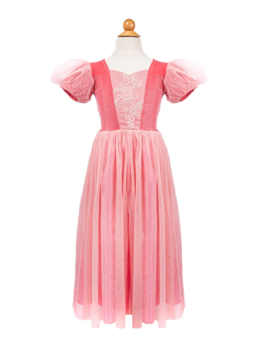 Pink princess dress with puff sleeves, lace bodice detail, and full tulle skirt