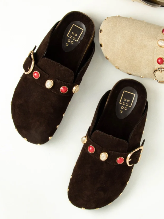 TINA STUDDED CLOG X BROWN SUEDE