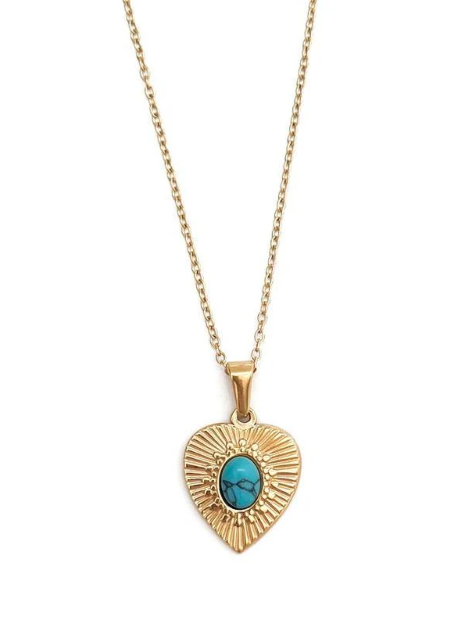 Gold heart pendant necklace with turquoise oval stone and sunray engraving