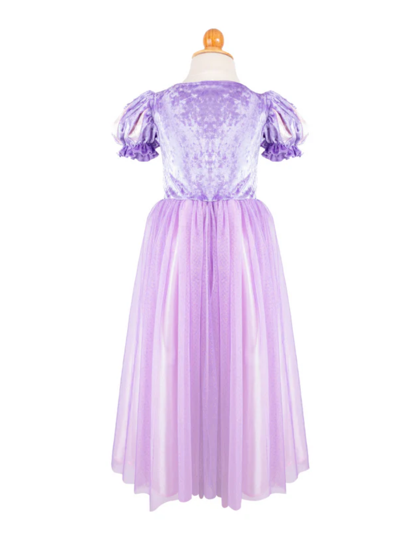 Purple velvet and tulle princess dress with puff sleeves on mannequin, back view