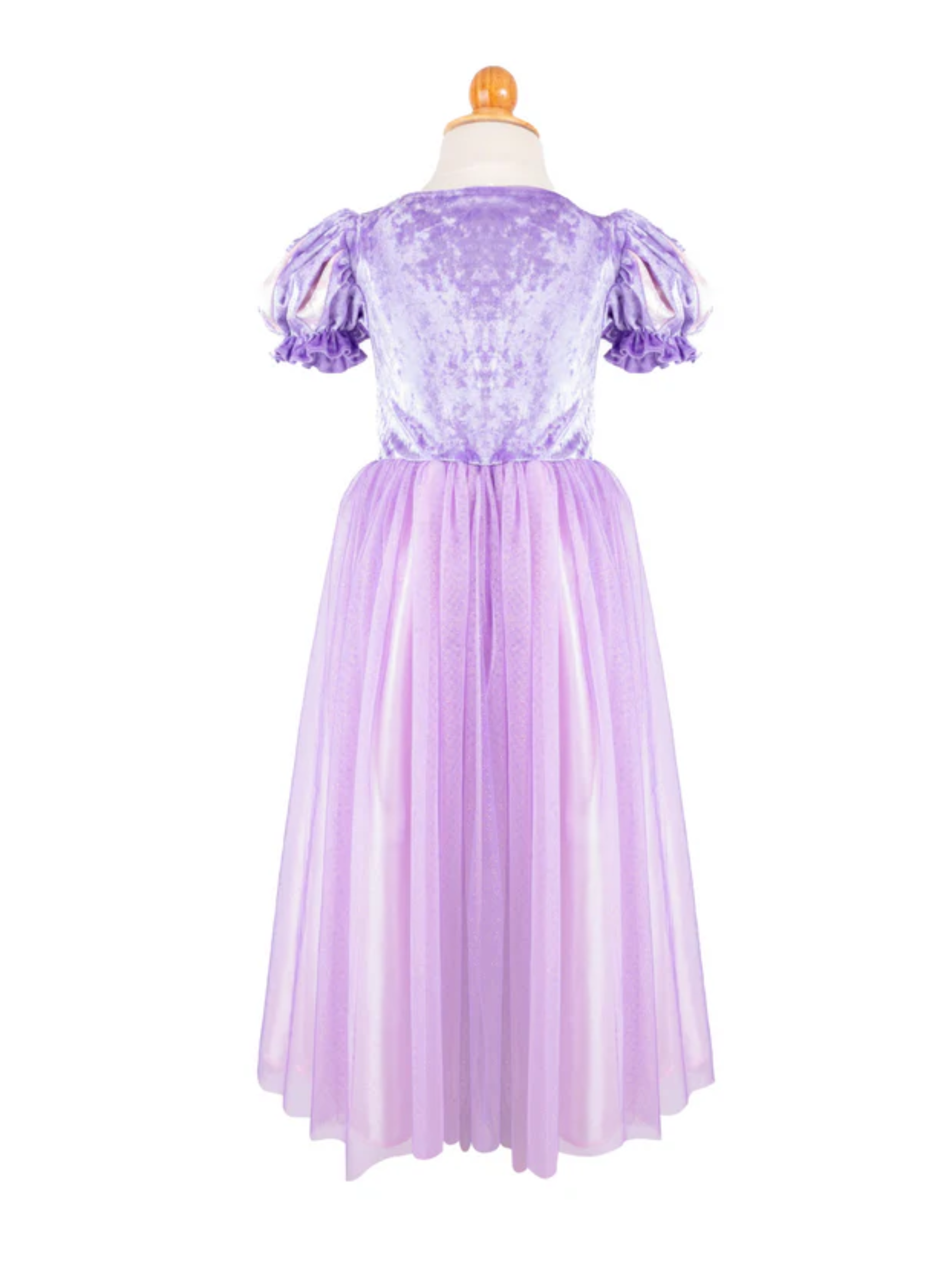 Purple velvet and tulle princess dress with puff sleeves on mannequin, back view