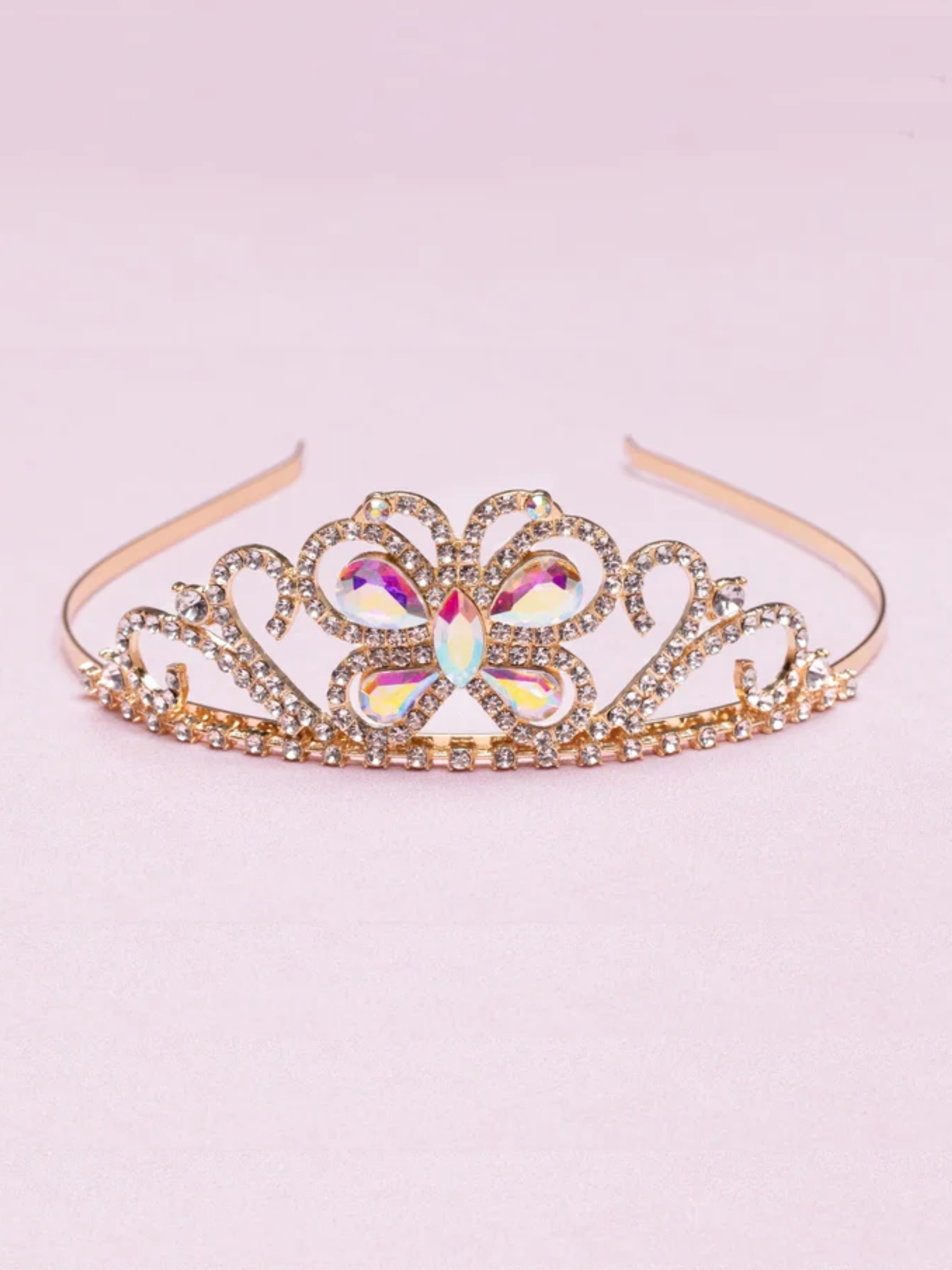 Gold tiara headband with iridescent butterfly gem center and rhinestone accents