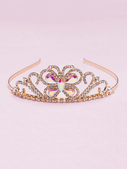 Gold tiara headband with iridescent butterfly gem center and rhinestone accents