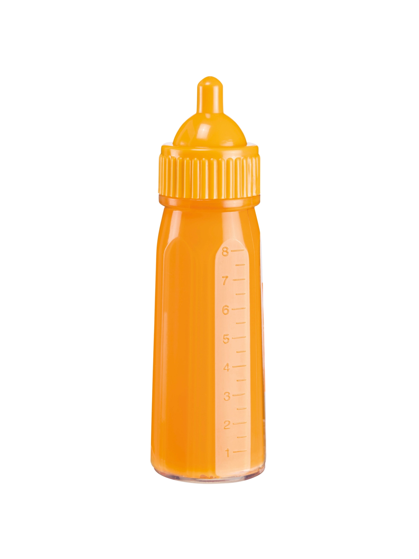 Orange baby bottle filled with orange liquid, measurement markings from 1 to 8 oz