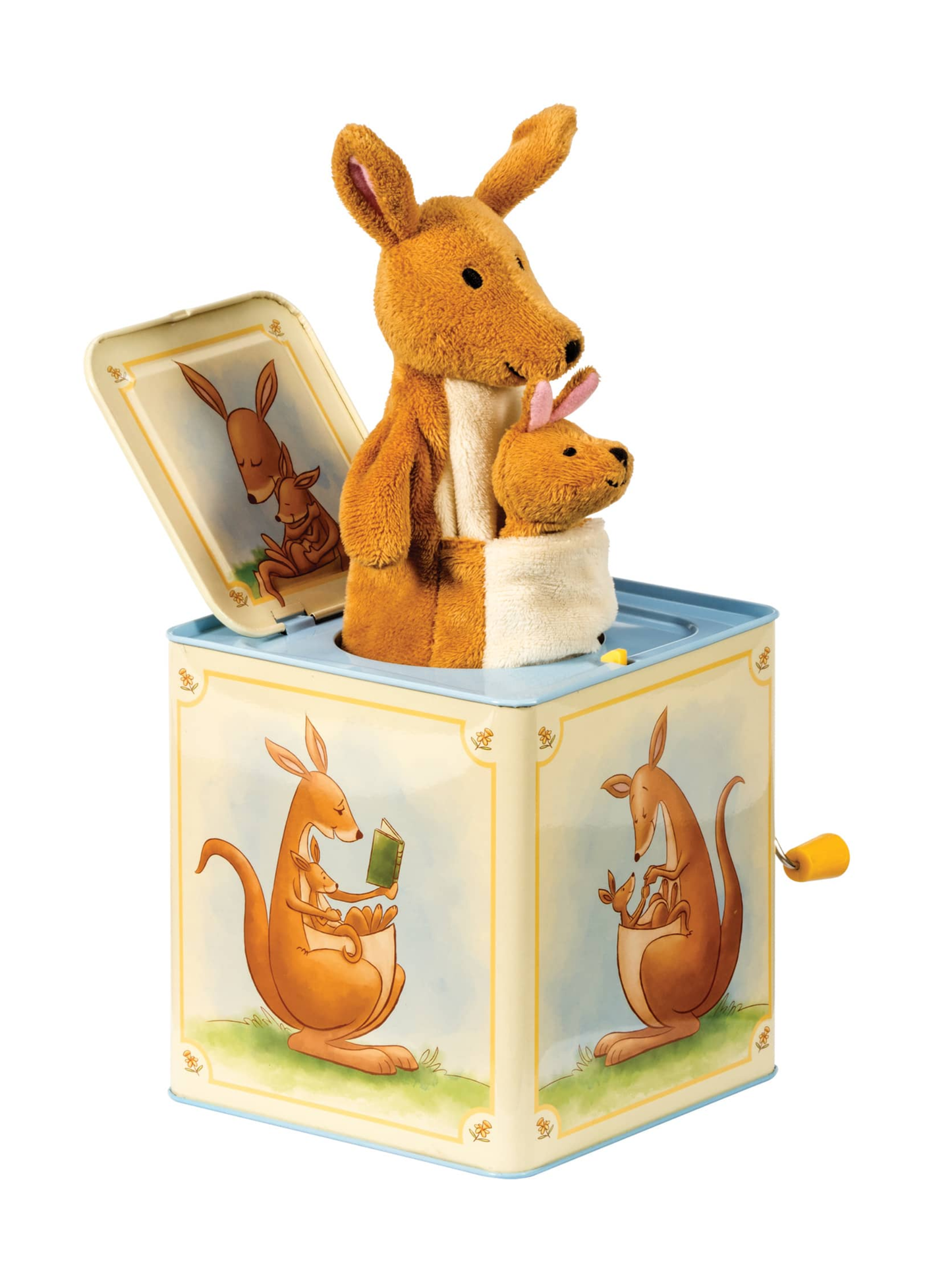 Kangaroo jack-in-the-box tin with plush mother and baby kangaroo popping out