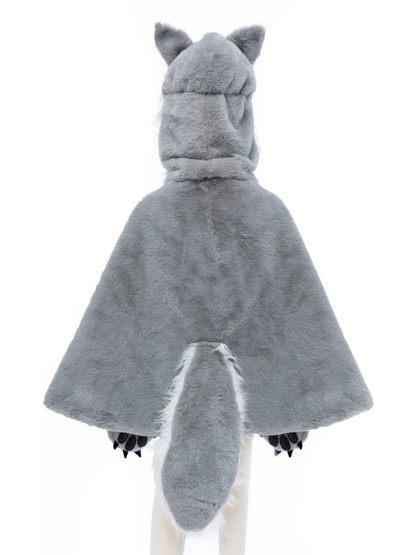 Gray faux fur wolf cape with hood, ears, tail, and black claw gloves