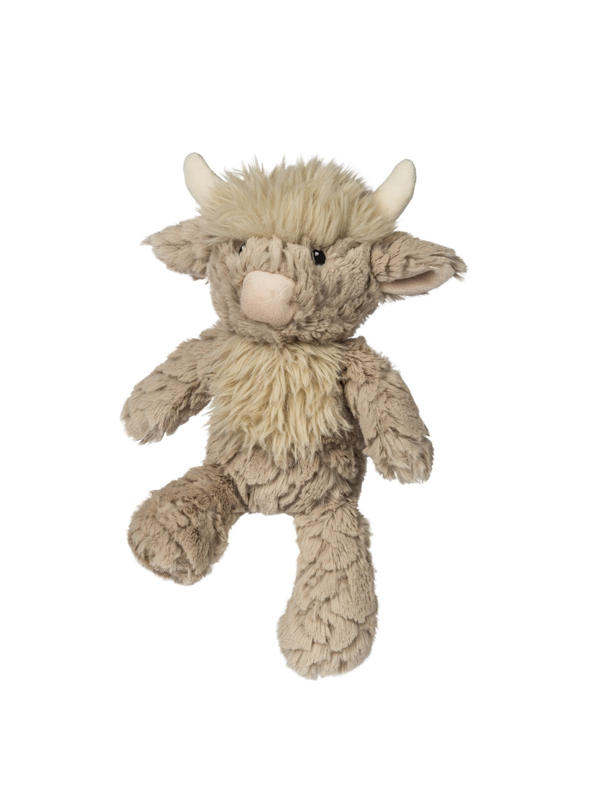 Soft plush highland cow stuffed animal in tan and beige with small horns