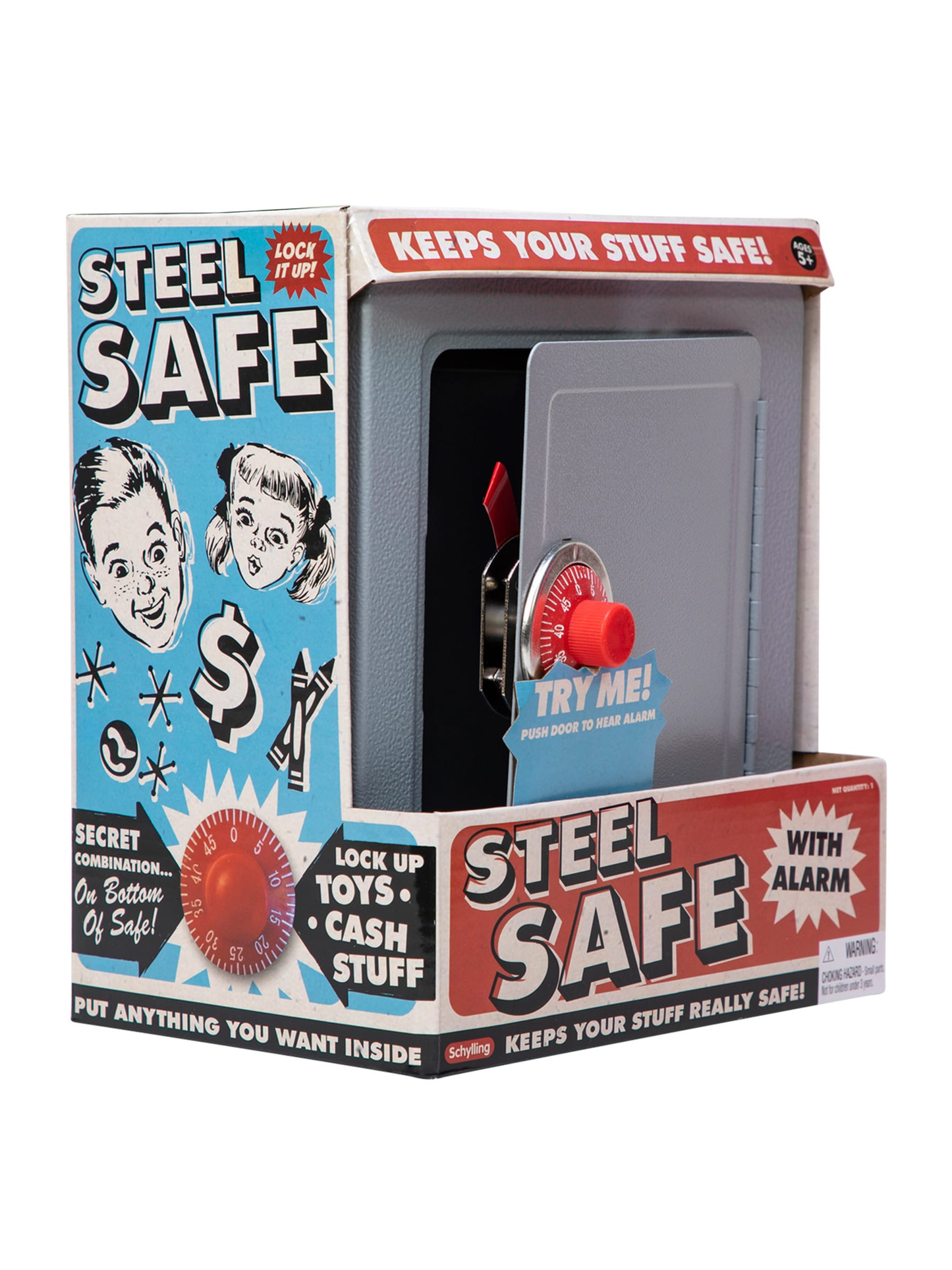 Retro-style gray steel toy safe with red combination lock dial in box packaging